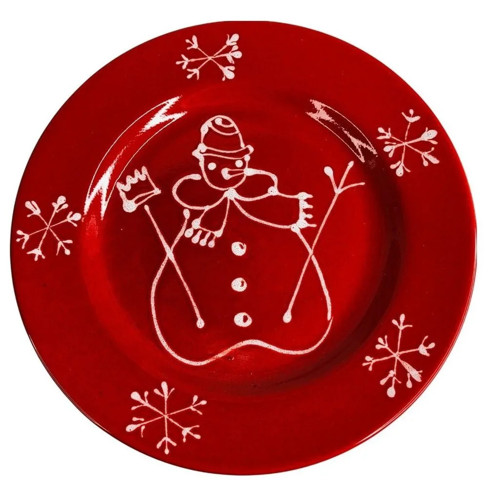 2 La Primula Christmas Snowman Dinner Plates Red & White Made in Italy‎ 10 1/4